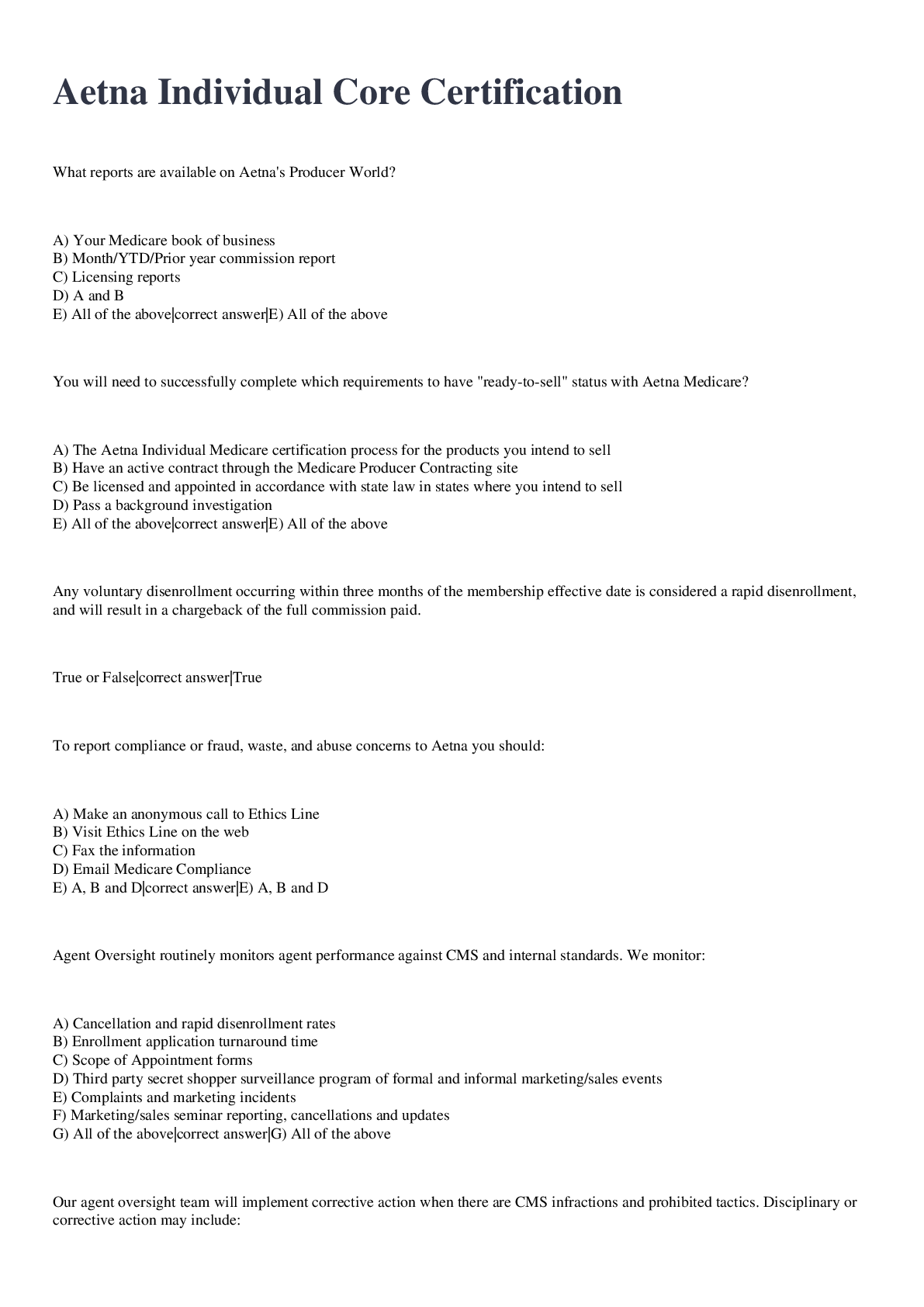 Preview image for Aetna Individual Core Certification exam 2022/2023 with 100% correct answers